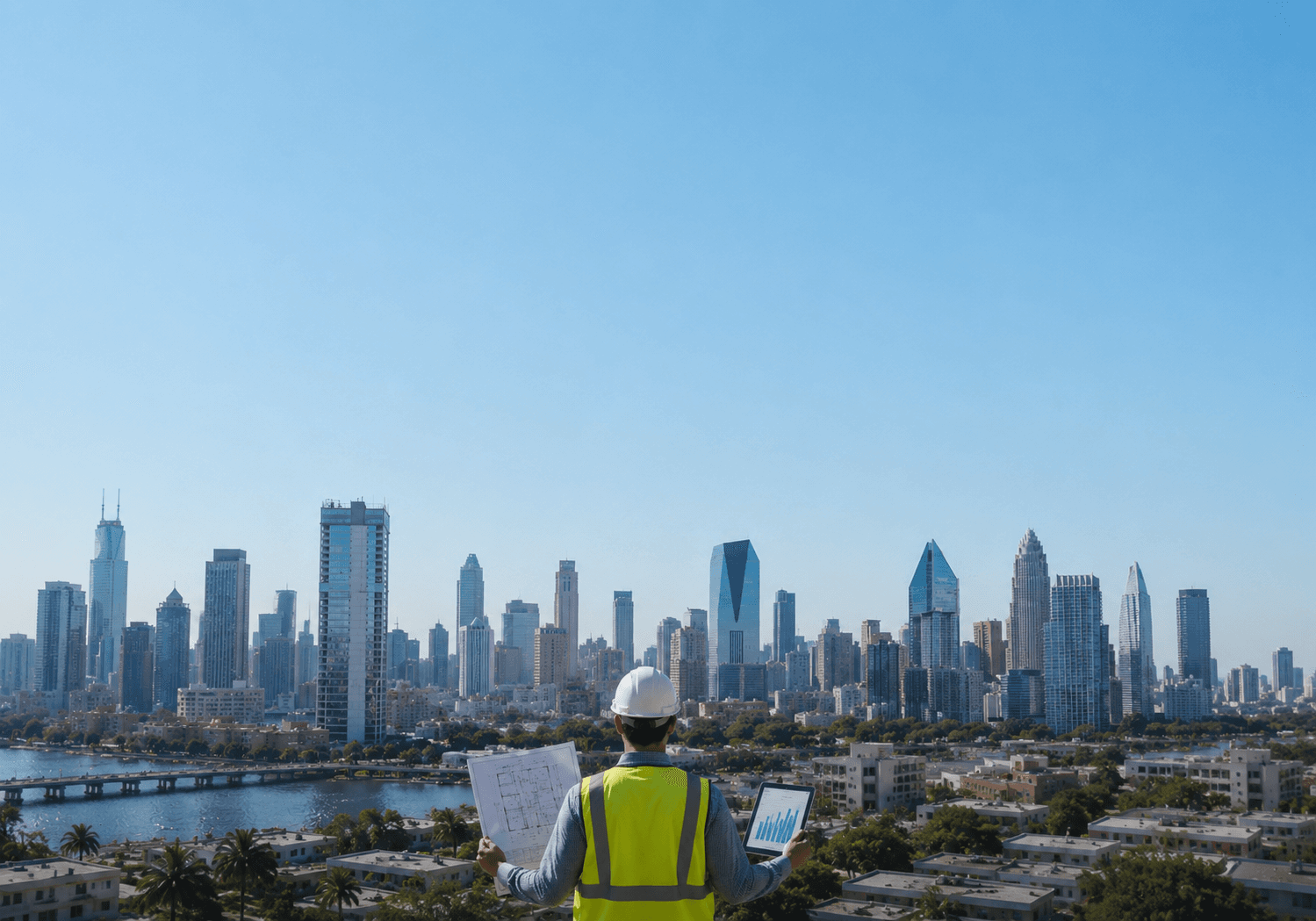 Contractor reviewing plans on a Miami-Dade jobsite with the city skyline behind